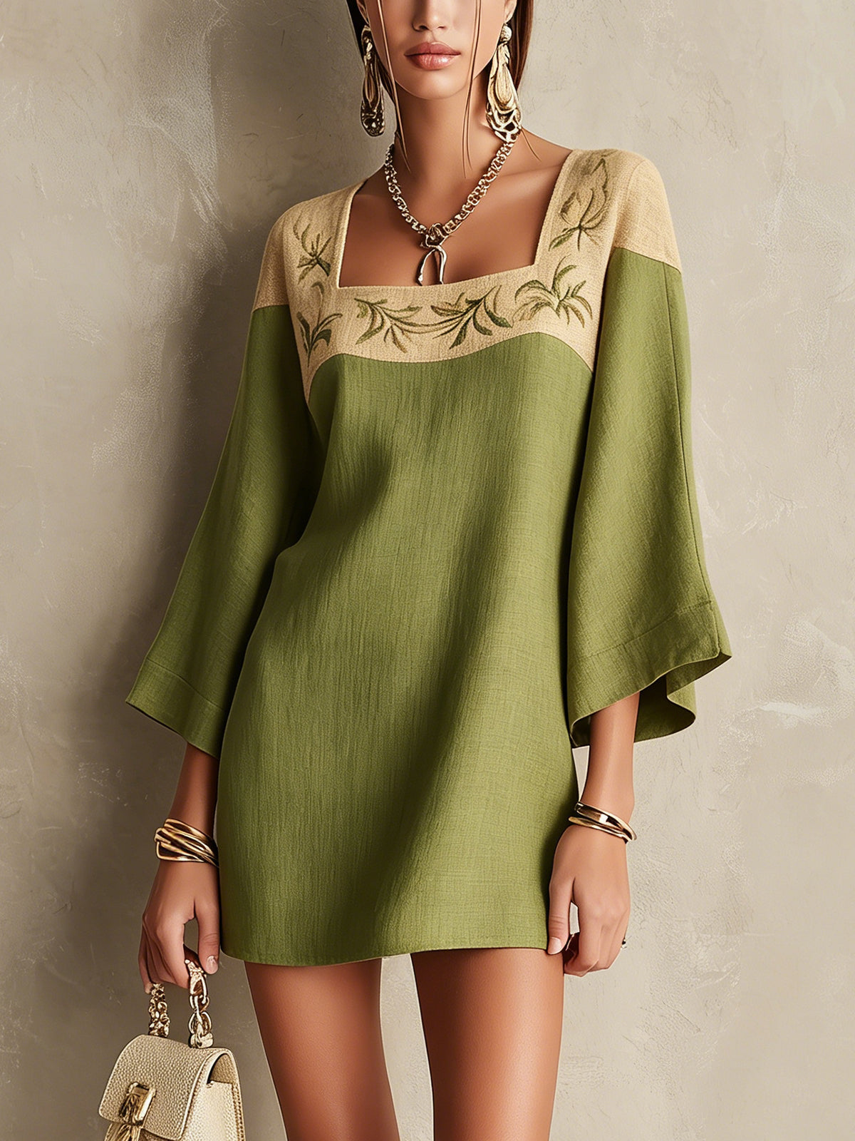 Effortless Green Mini Dress for Women with Square Neck Embroidered Bell Sleeve