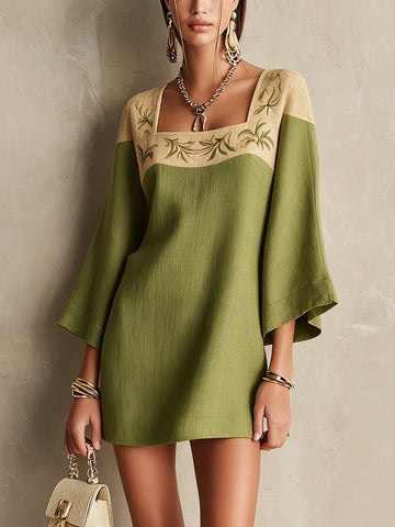 Effortless Green Mini Dress for Women with Square Neck Embroidered Bell Sleeve