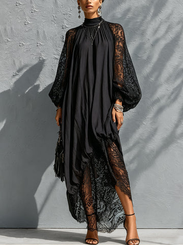 Aveline Black Lace Sleeve Draped Maxi Dress