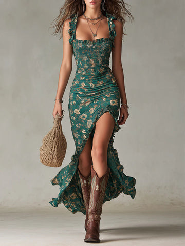 Sorelle Green Floral Smocked Ruffle Maxi Dress