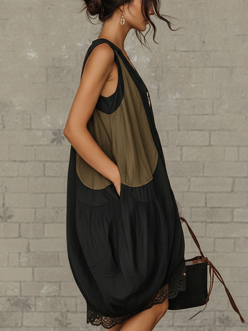 Effortless Black Layered Mini Dress for Women with Zip Front Lace Trim Sleeveless