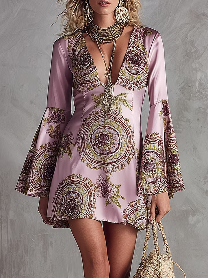 Elegant Pink Mini Dress for Women with Deep V Neck Flare Sleeve Totem Print