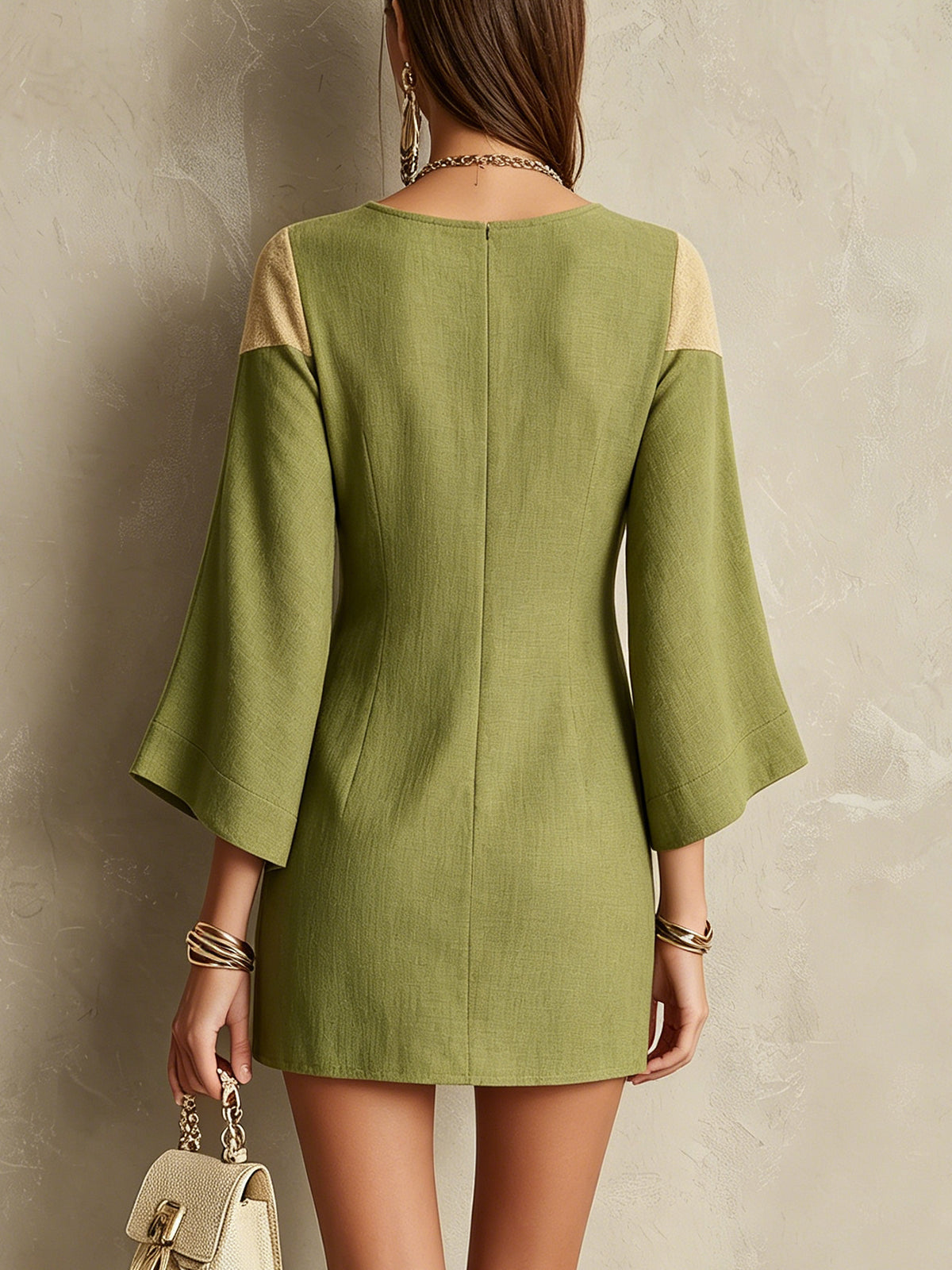 Effortless Green Mini Dress for Women with Square Neck Embroidered Bell Sleeve