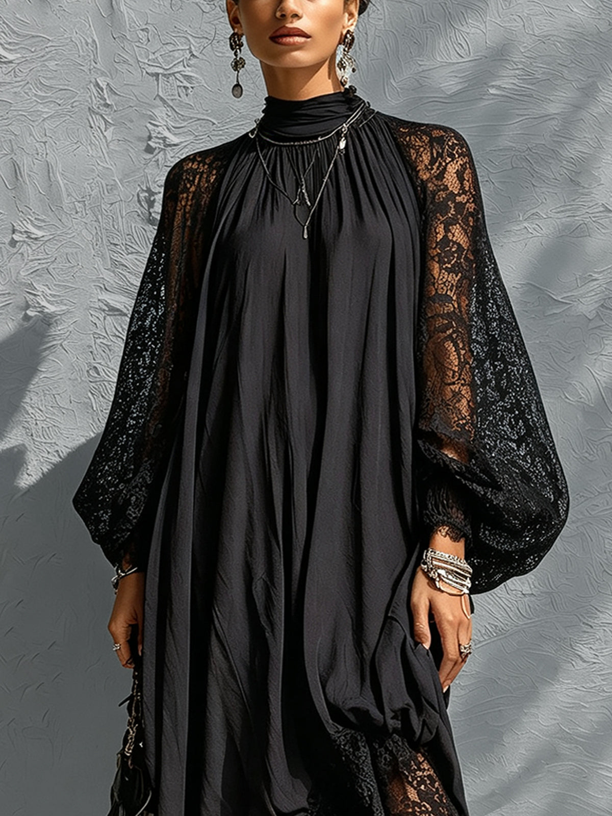 Aveline Black Lace Sleeve Draped Maxi Dress