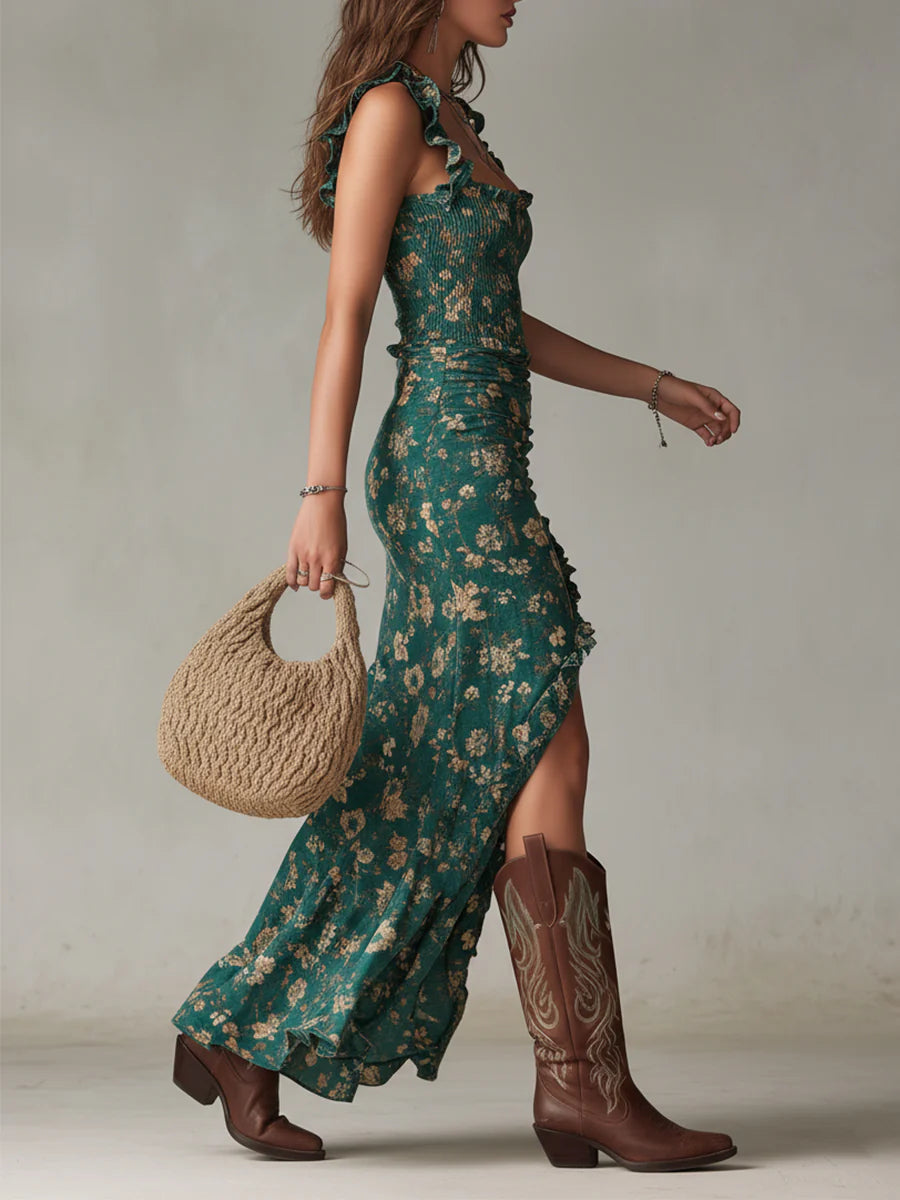 Effortless Green Maxi Dress for Women in Boho Floral Sundress Style