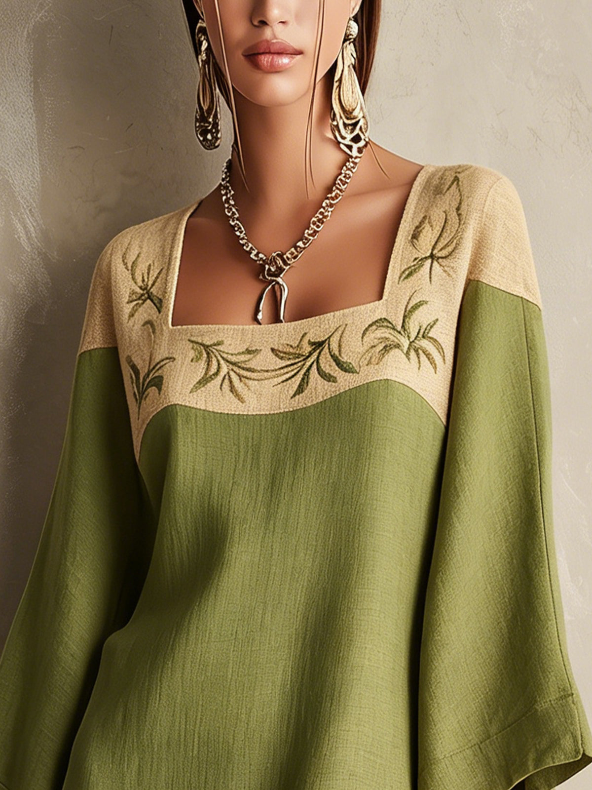 Effortless Green Mini Dress for Women with Square Neck Embroidered Bell Sleeve
