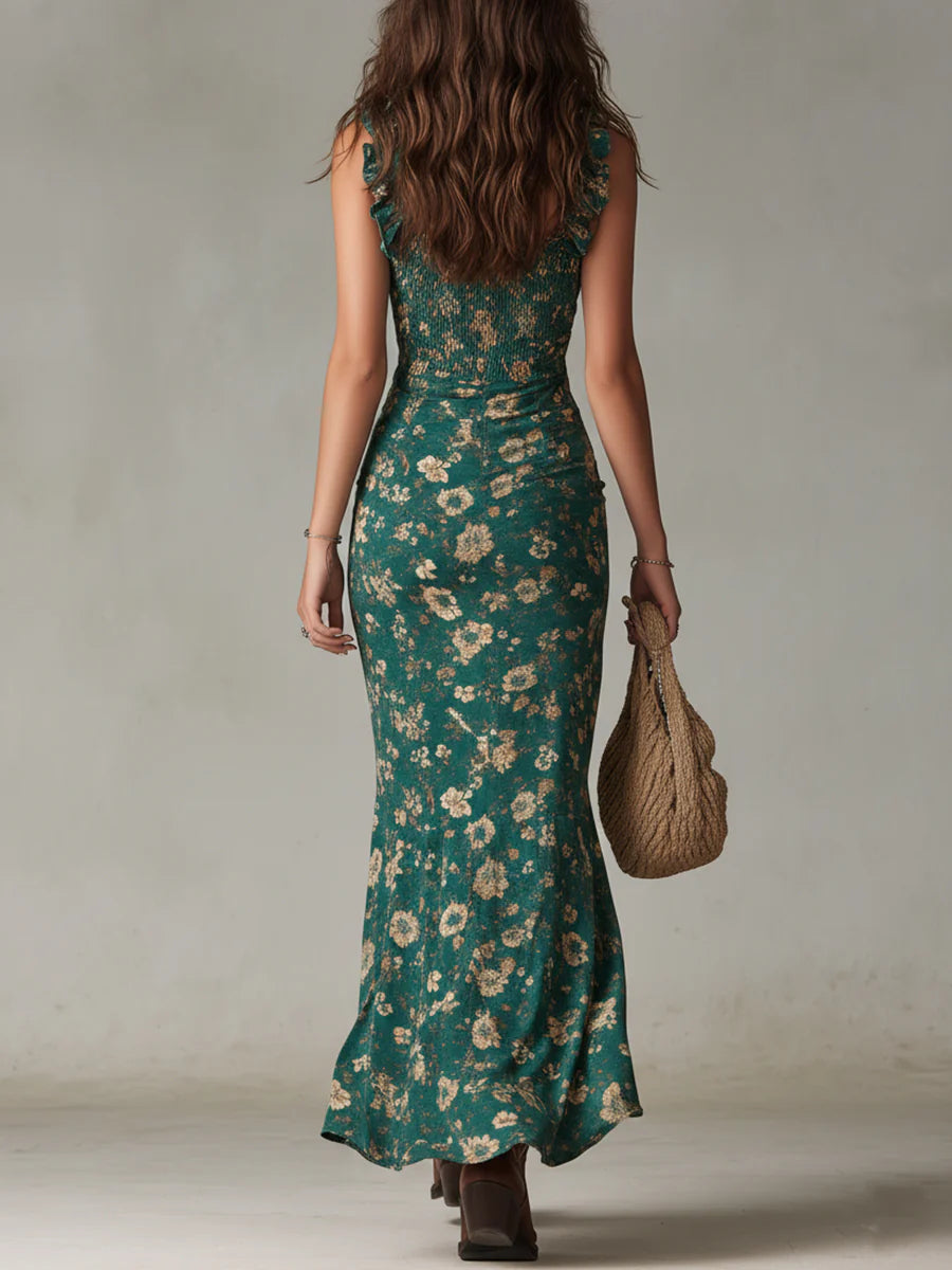 Sorelle Green Floral Smocked Ruffle Maxi Dress