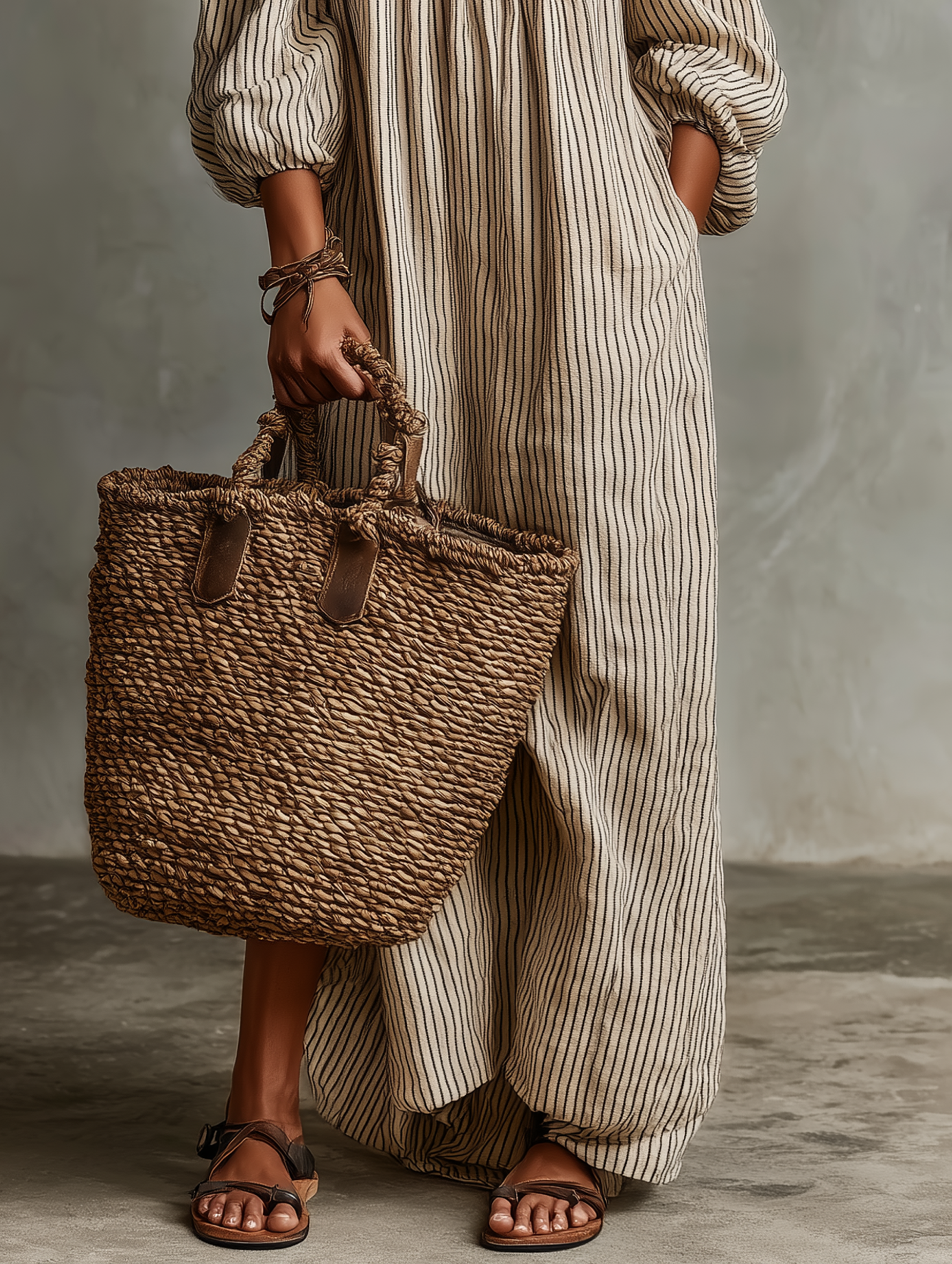 Effortless Striped Linen Maxi Dress for Women with Off Shoulder Puff Sleeve Flowing Casual Summer Style