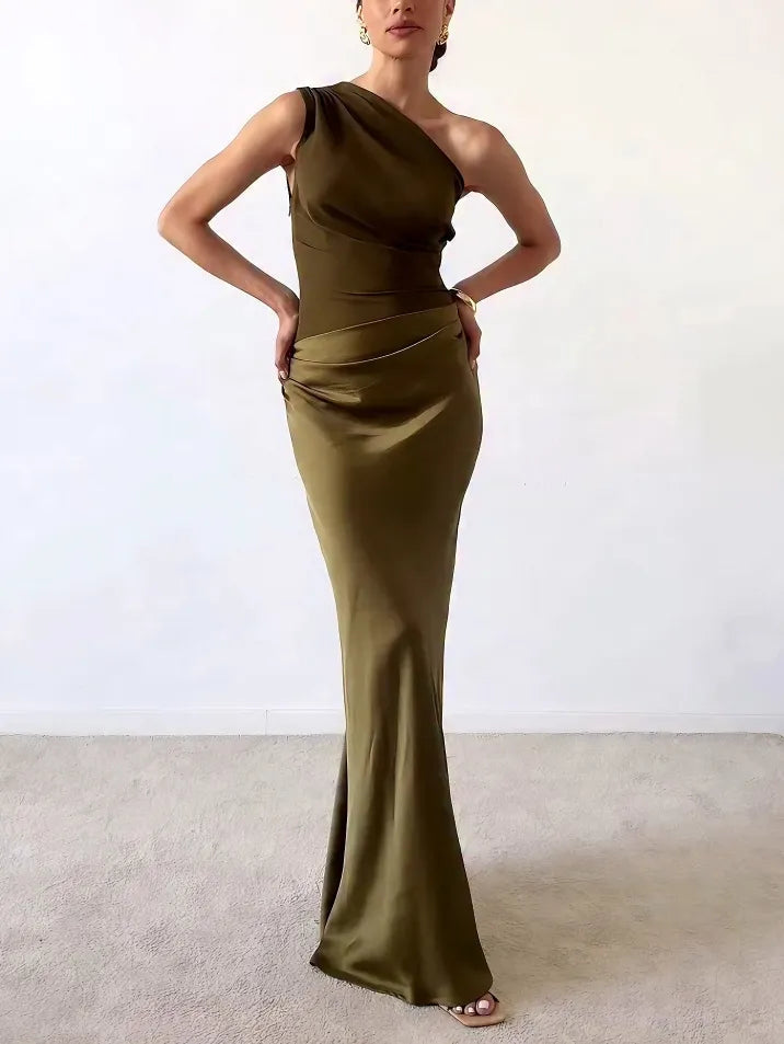 Elegant Satin Maxi Dress for Women with One Shoulder Ruched Waist Bias Cut Formal Wedding Guest Style