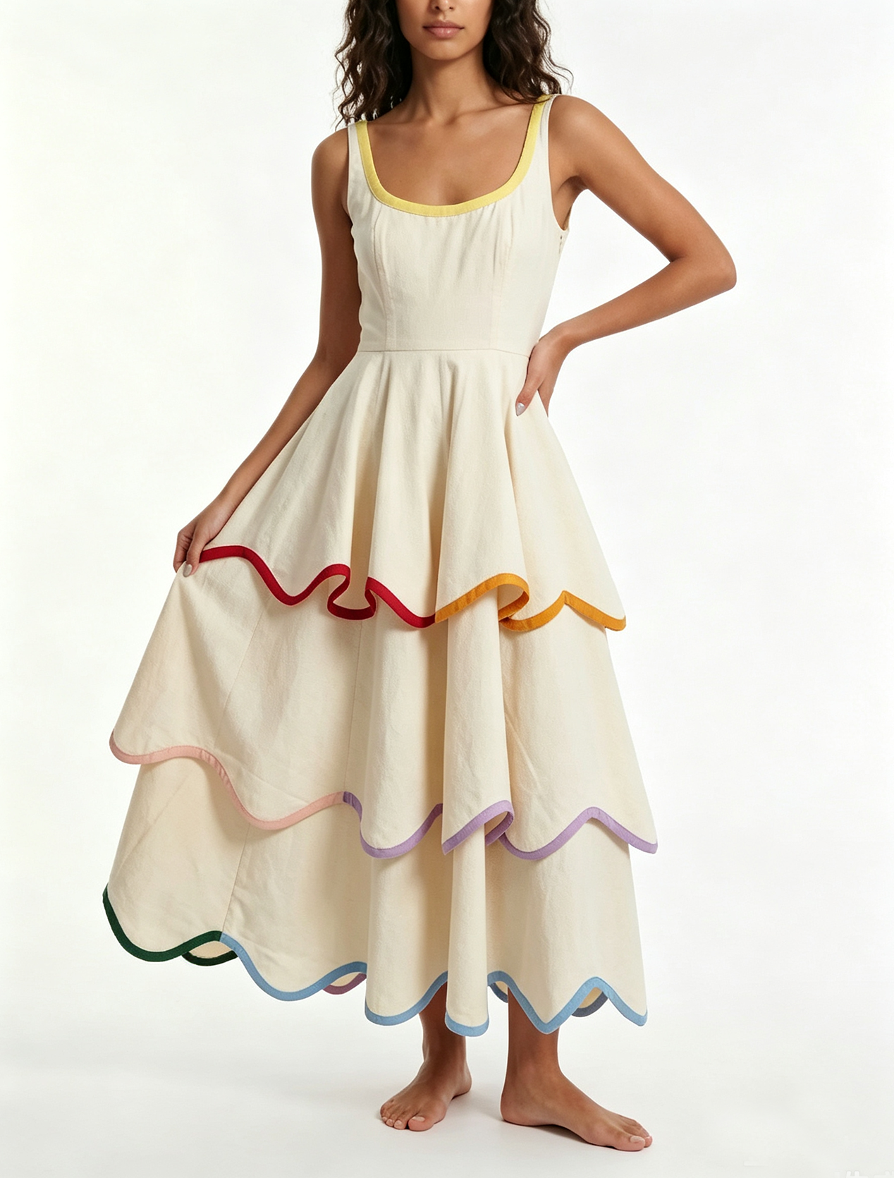Effortless White Tiered Maxi Dress for Women with Rainbow Trim Sleeveless Ruffle