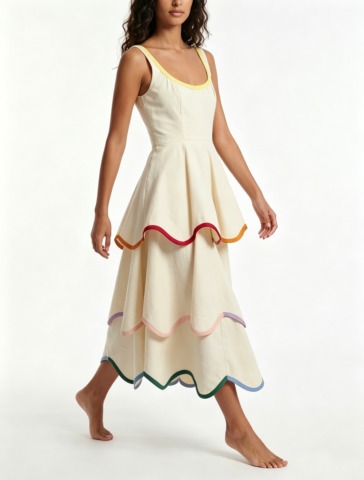 Effortless White Tiered Maxi Dress for Women with Rainbow Trim Sleeveless Ruffle