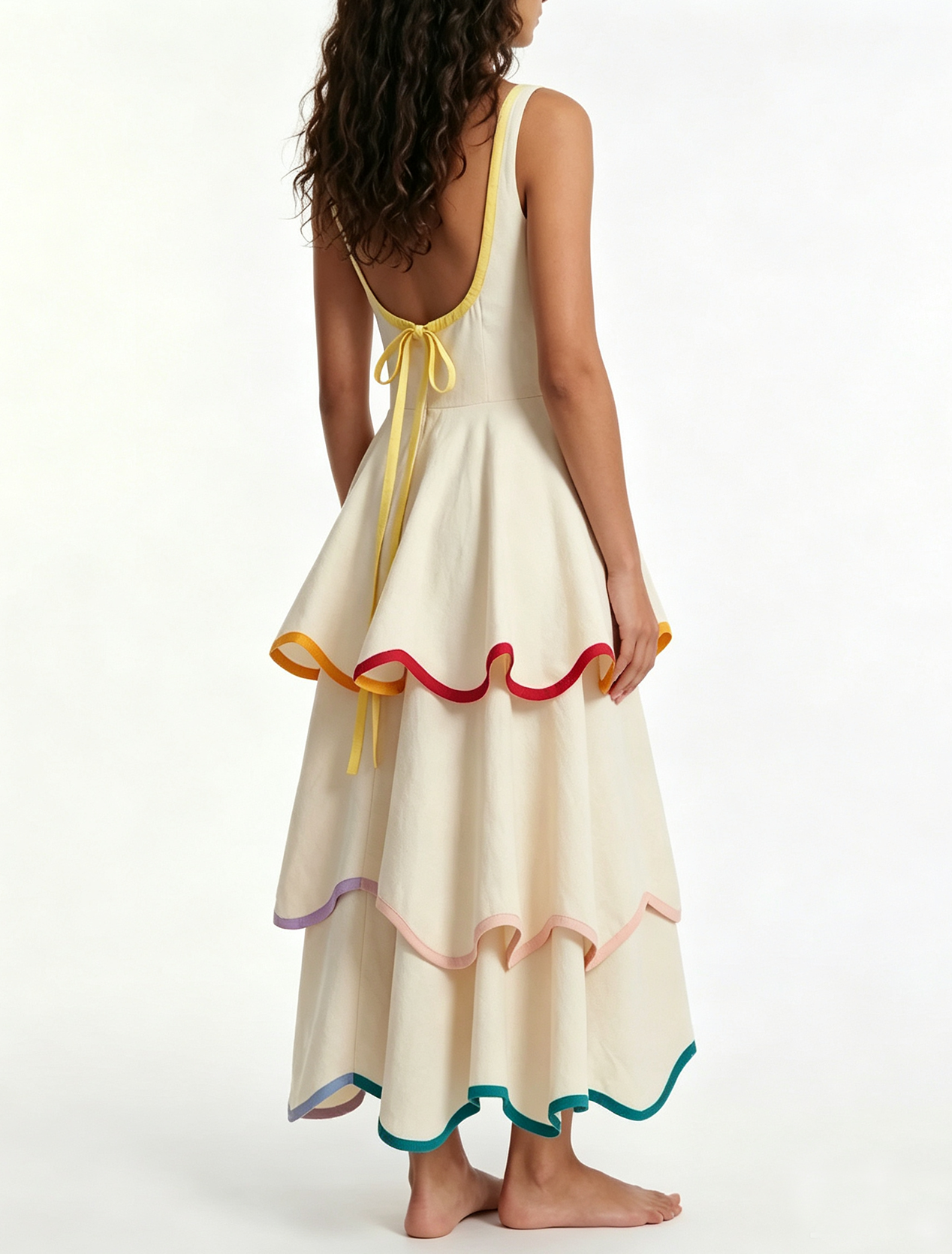 Effortless White Tiered Maxi Dress for Women with Rainbow Trim Sleeveless Ruffle