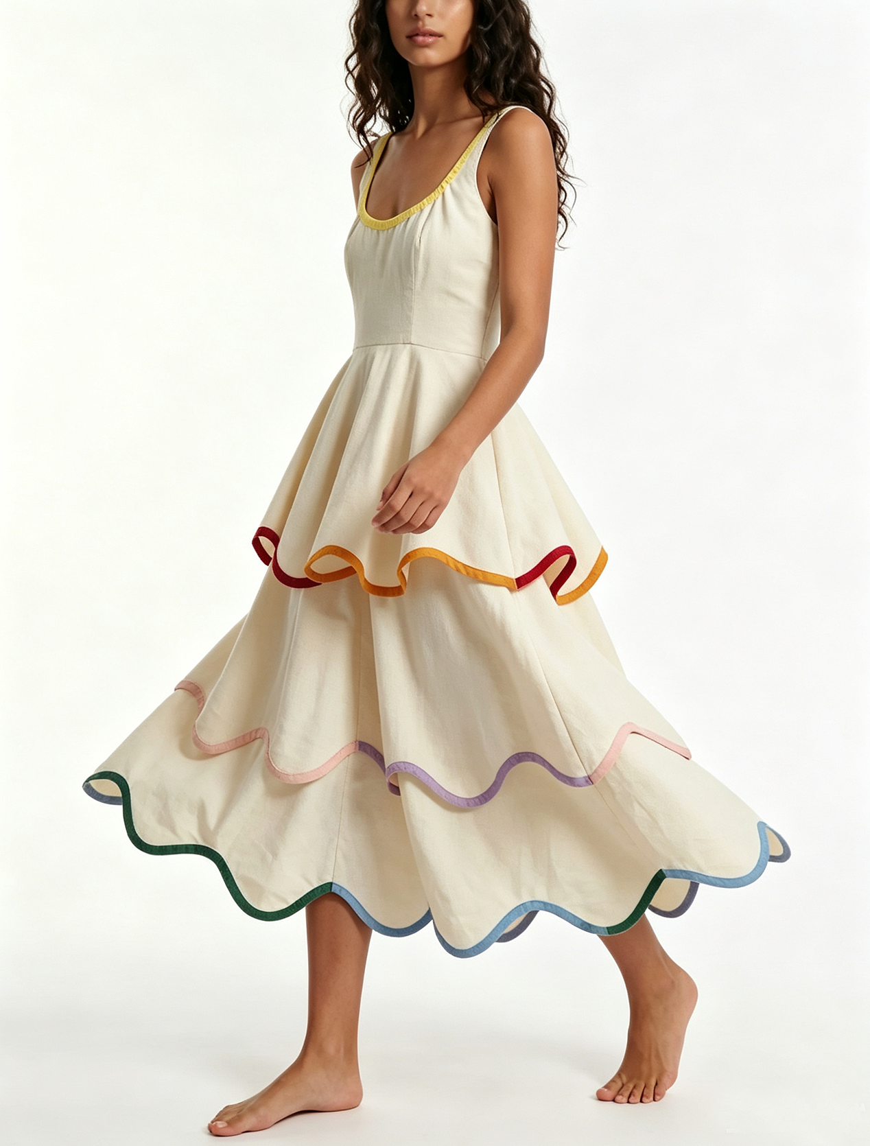 Effortless White Tiered Maxi Dress for Women with Rainbow Trim Sleeveless Ruffle