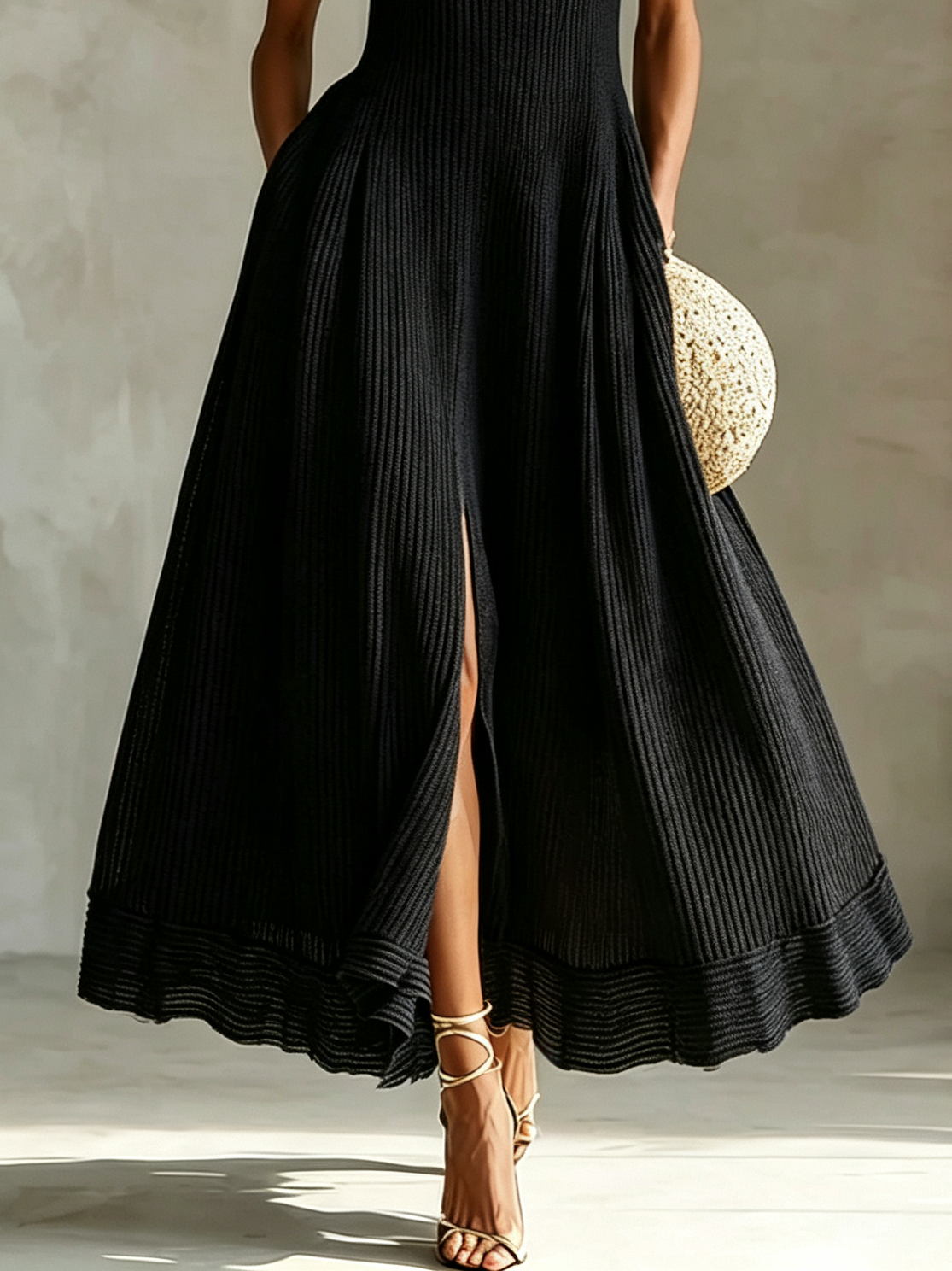 Elegant Black Knit Maxi Dress for Women with Turtleneck Sleeveless High Slit Flowy A Line Style