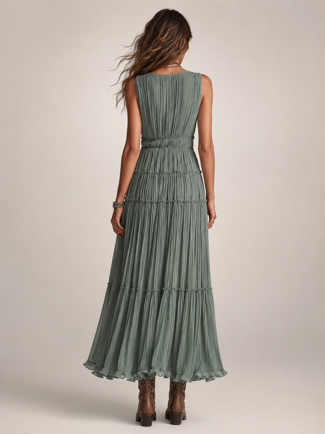 Marlowe Boho Pleated V-Neck Tiered Maxi Dress