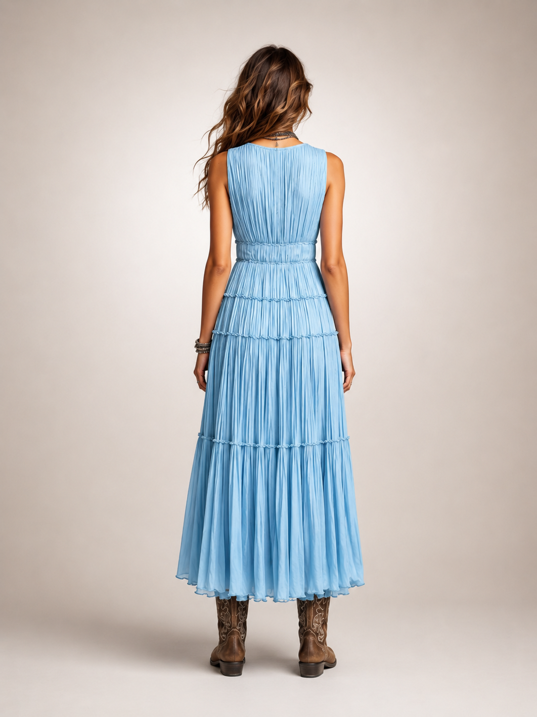 Marlowe Boho Pleated V-Neck Tiered Maxi Dress