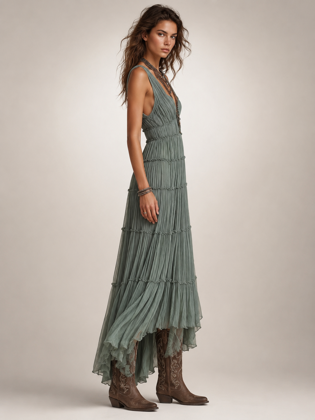Marlowe Boho Pleated V-Neck Tiered Maxi Dress