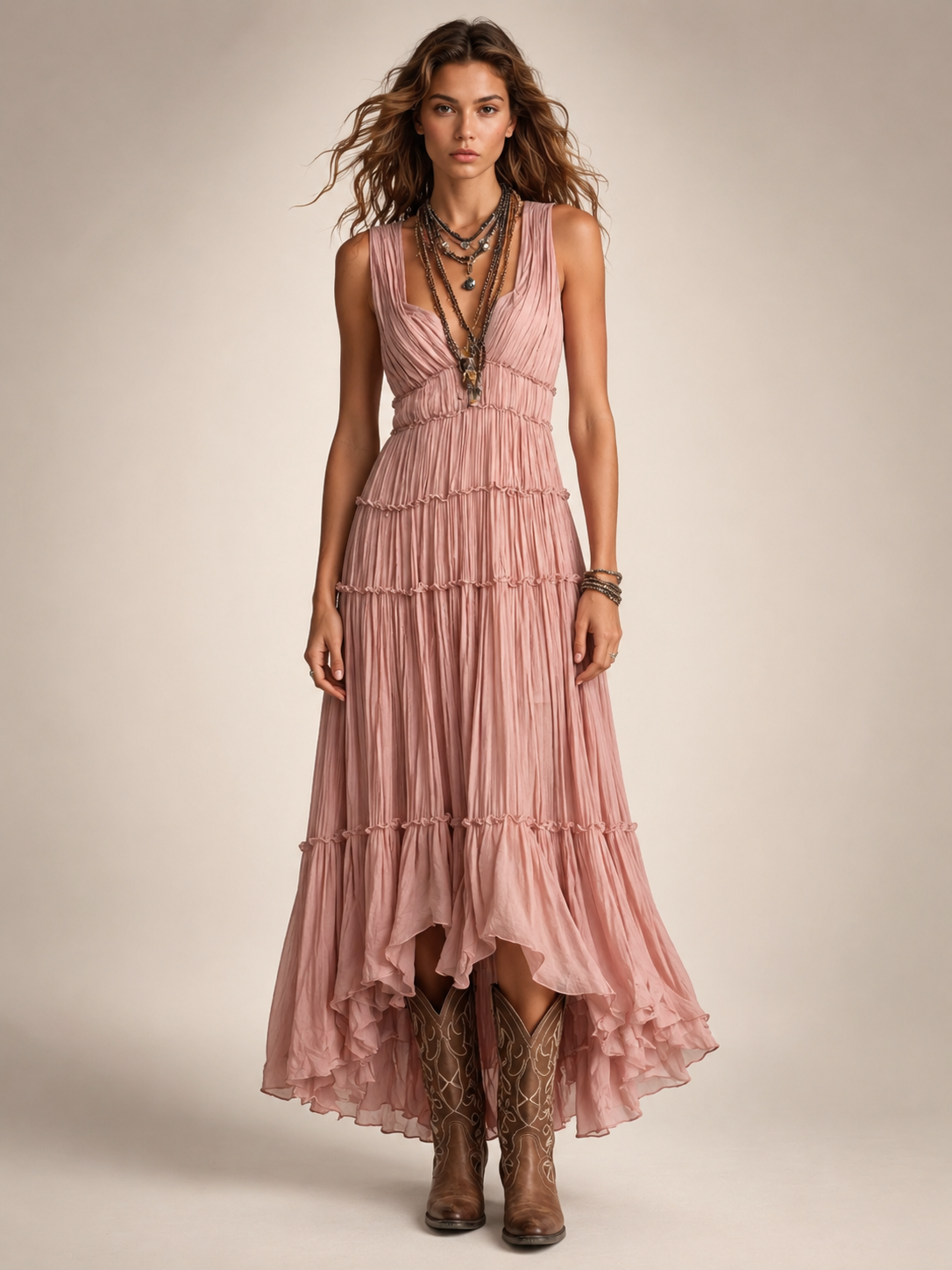 Marlowe Boho Pleated V-Neck Tiered Maxi Dress
