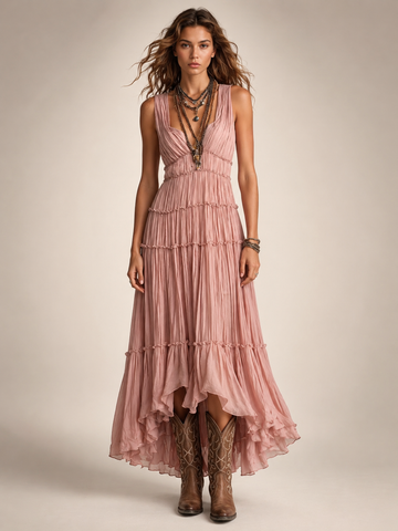 Marlowe Boho Pleated V-Neck Tiered Maxi Dress