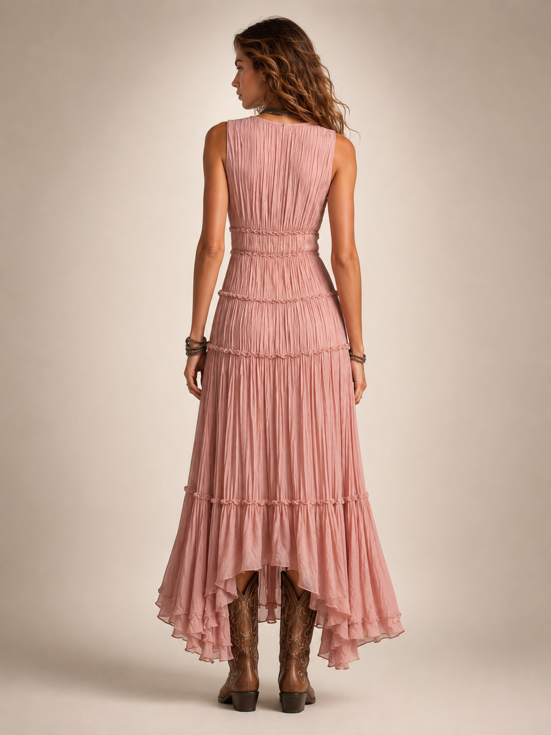 Marlowe Boho Pleated V-Neck Tiered Maxi Dress