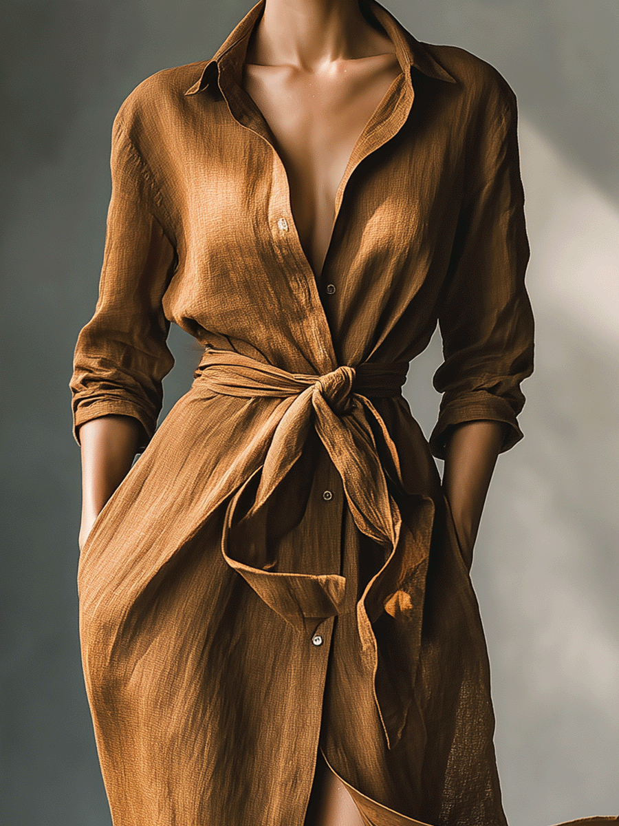 Sabine Brown Belted Maxi Shirt Dress