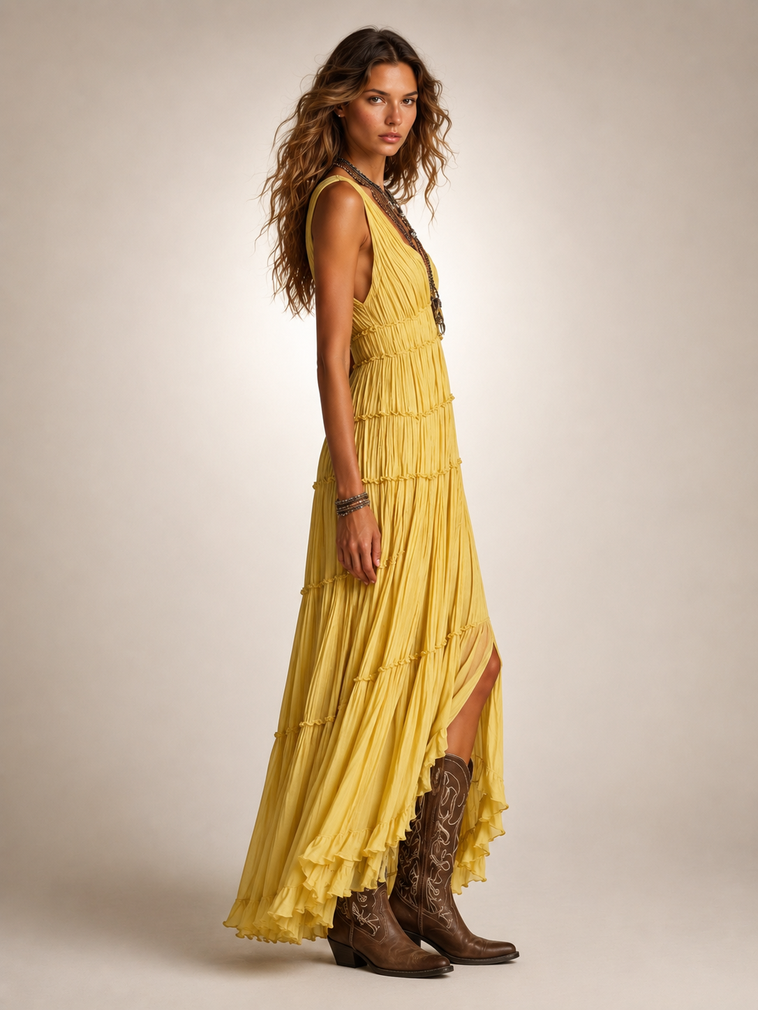 Marlowe Boho Pleated V-Neck Tiered Maxi Dress