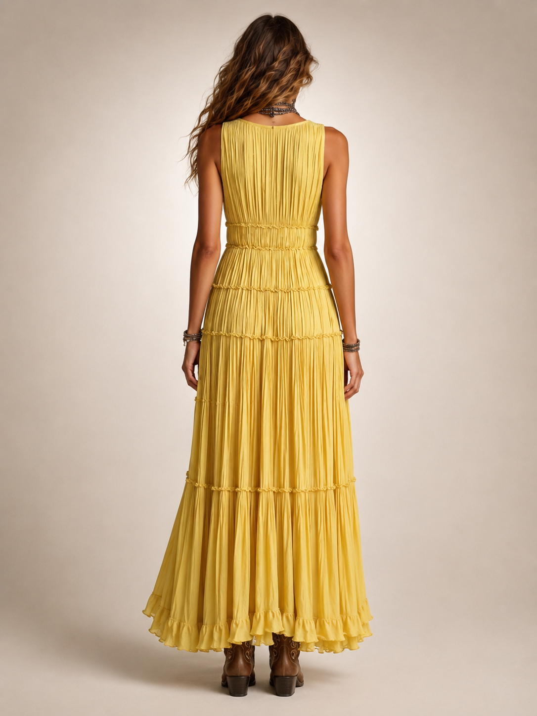 Marlowe Boho Pleated V-Neck Tiered Maxi Dress