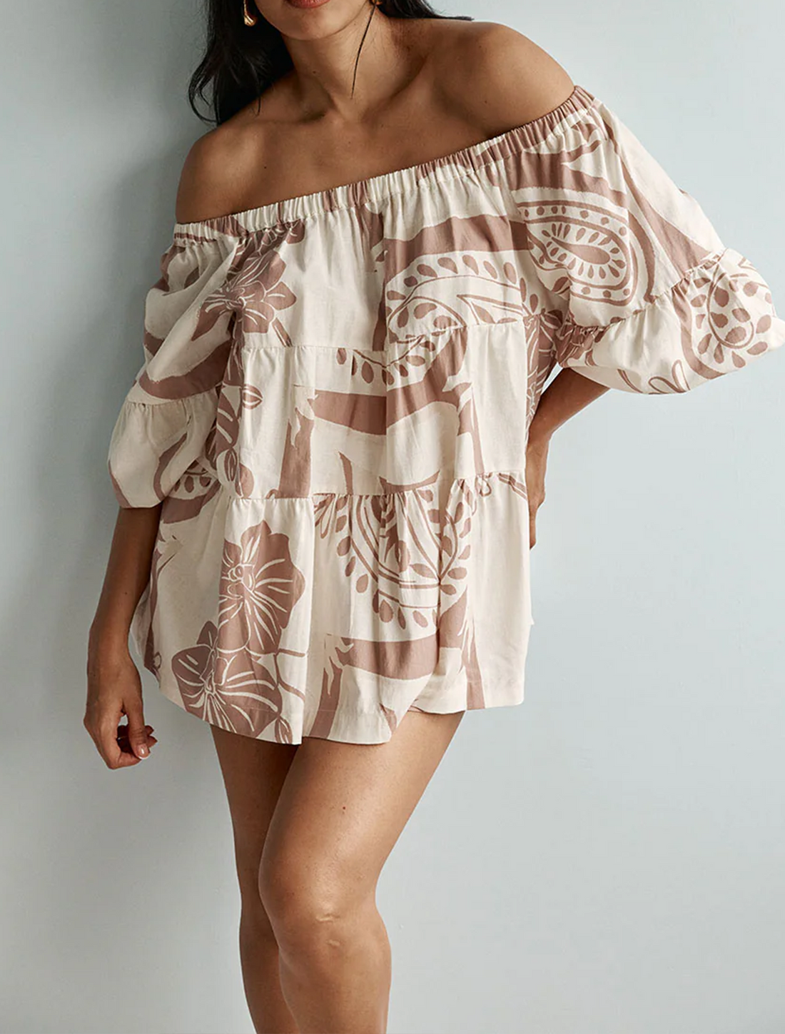 Effortless Beige Off Shoulder Matching Set for Women with Tiered Ruffle Floral Print