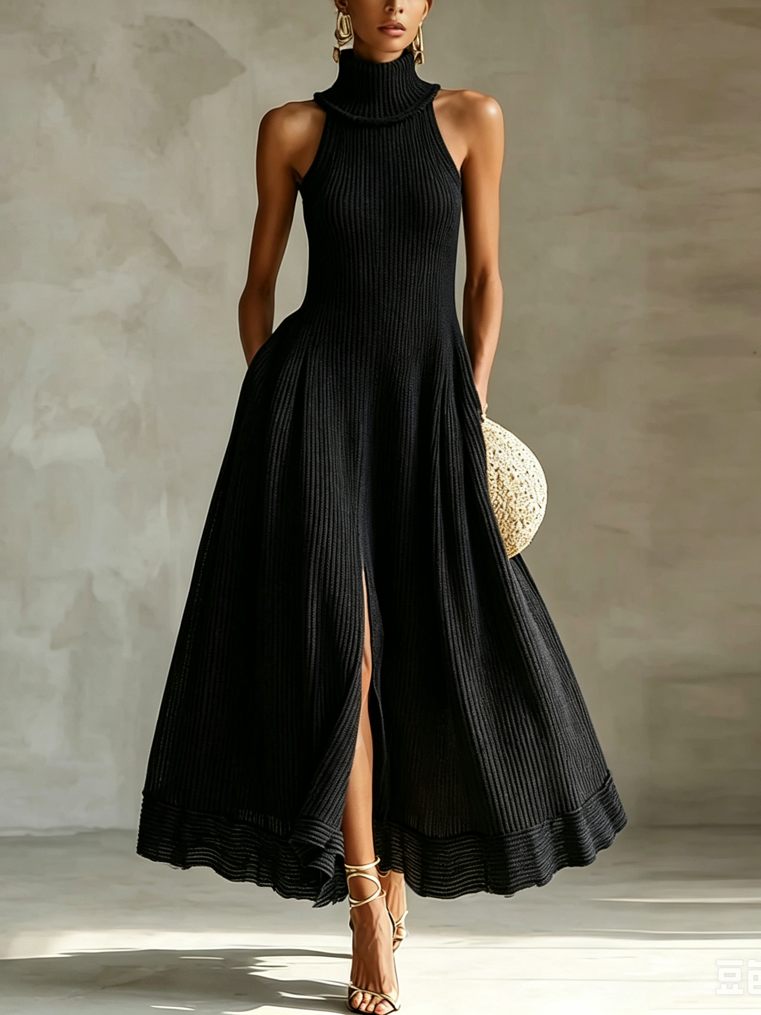 Elegant Black Knit Maxi Dress for Women with Turtleneck Sleeveless High Slit Flowy A Line Style