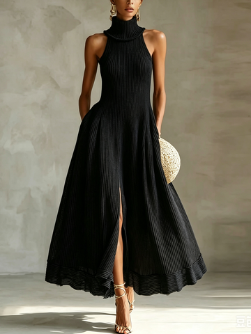 Elegant Black Knit Maxi Dress for Women with Turtleneck Sleeveless High Slit Flowy A Line Style