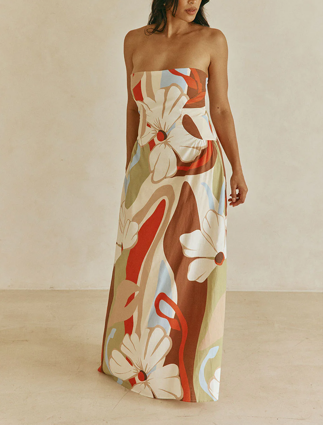Effortless Beige Floral Maxi Dress for Women with Strapless Bodice Summer Style