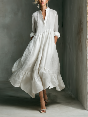 Effortless White Maxi Dress for Women with Stand Collar Button Placket Long Sleeve Tiered Linen Casual Style