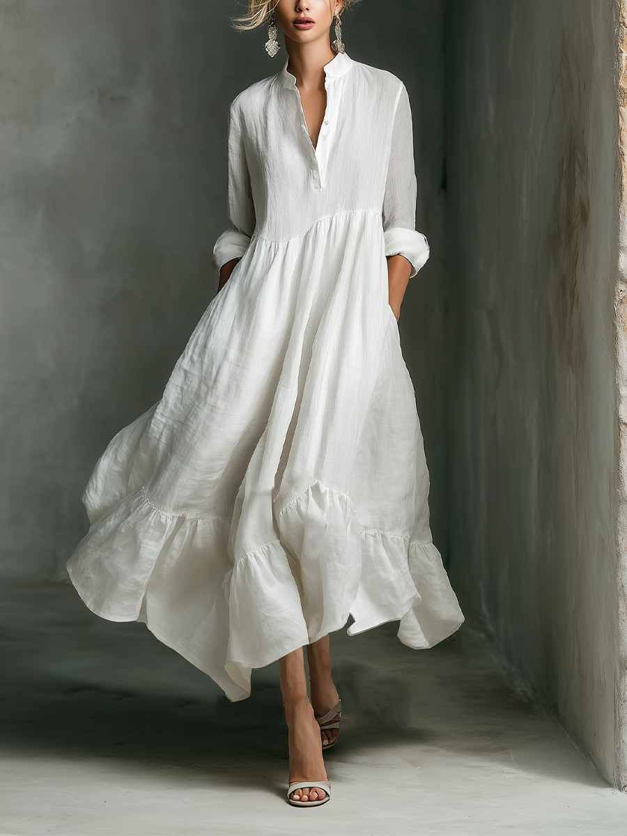 Effortless White Maxi Dress for Women with Stand Collar Button Placket Long Sleeve Tiered Linen Casual Style