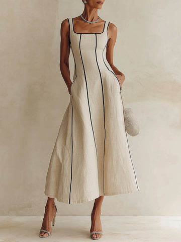 Elegant Apricot Maxi Dress for Women with Square Neck Sleeveless Contrast Piping A Line Style
