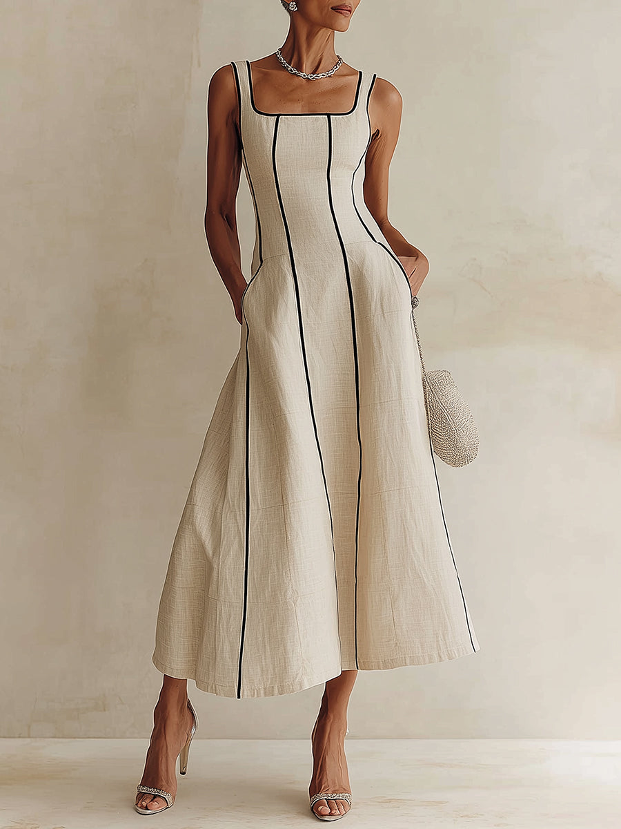 Elegant Apricot Maxi Dress for Women with Square Neck Sleeveless Contrast Piping A Line Style