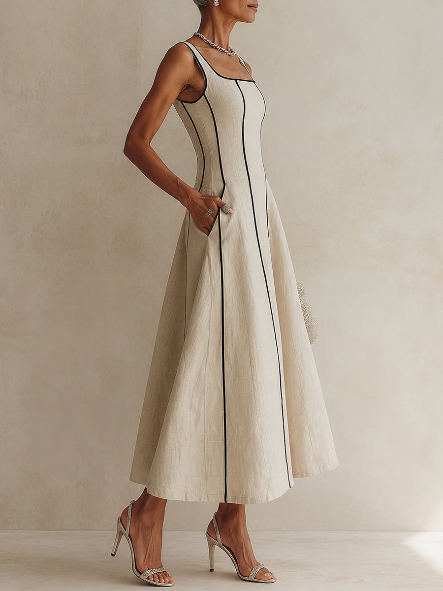 Elegant Apricot Maxi Dress for Women with Square Neck Sleeveless Contrast Piping A Line Style