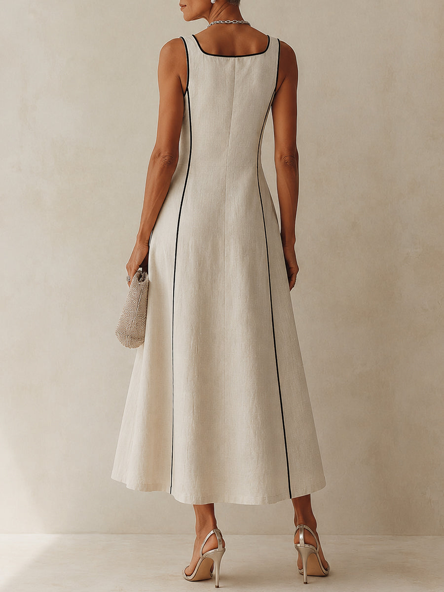 Elegant Apricot Maxi Dress for Women with Square Neck Sleeveless Contrast Piping A Line Style