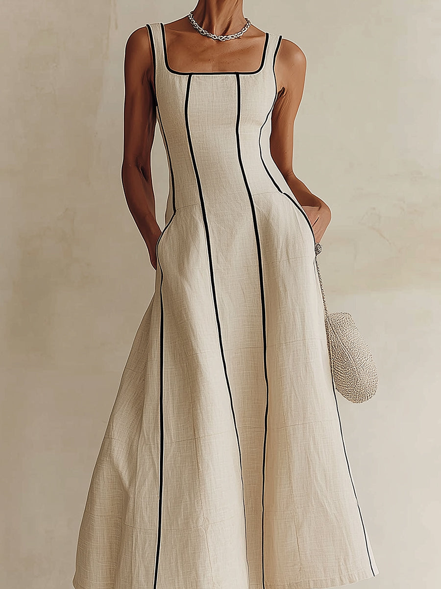 Elegant Apricot Maxi Dress for Women with Square Neck Sleeveless Contrast Piping A Line Style