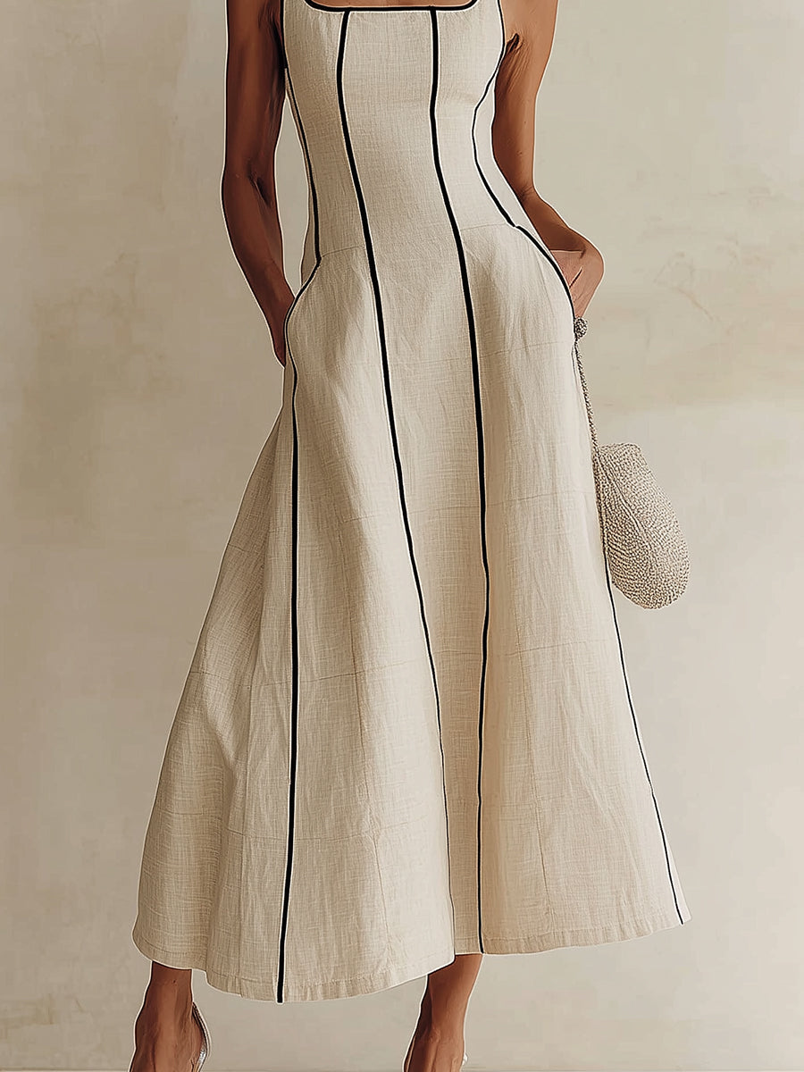 Elegant Apricot Maxi Dress for Women with Square Neck Sleeveless Contrast Piping A Line Style