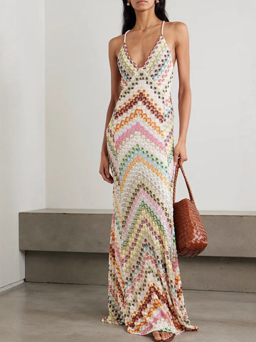 Effortless Maxi Dress for Women with Chevron Crochet Print Open Back Spaghetti Straps