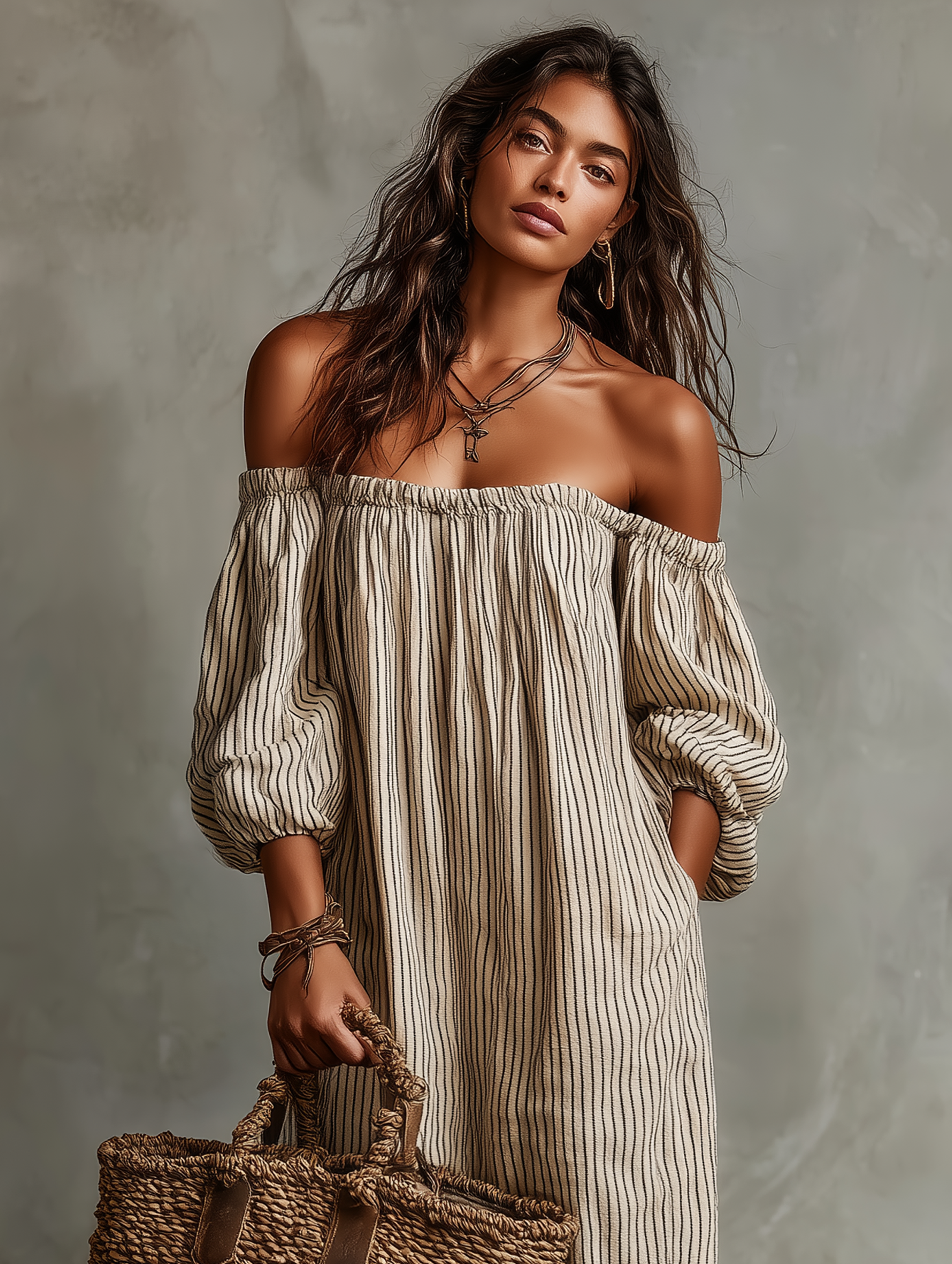 Effortless Striped Linen Maxi Dress for Women with Off Shoulder Puff Sleeve Flowing Casual Summer Style
