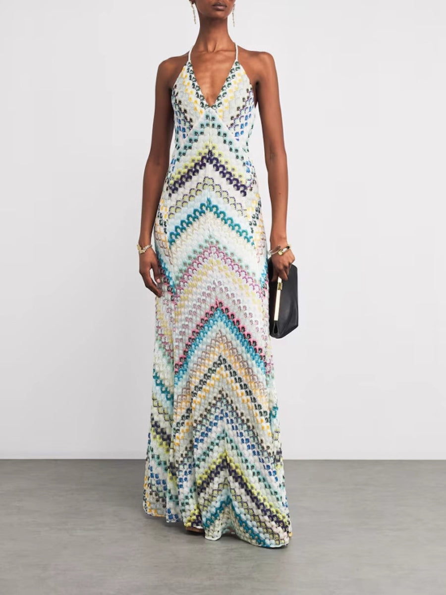 Effortless Maxi Dress for Women with Chevron Crochet Print Open Back Spaghetti Straps