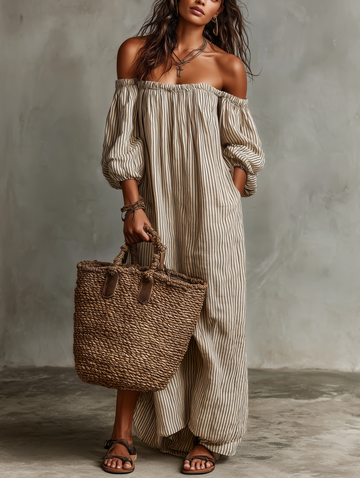 Effortless Striped Linen Maxi Dress for Women with Off Shoulder Puff Sleeve Flowing Casual Summer Style