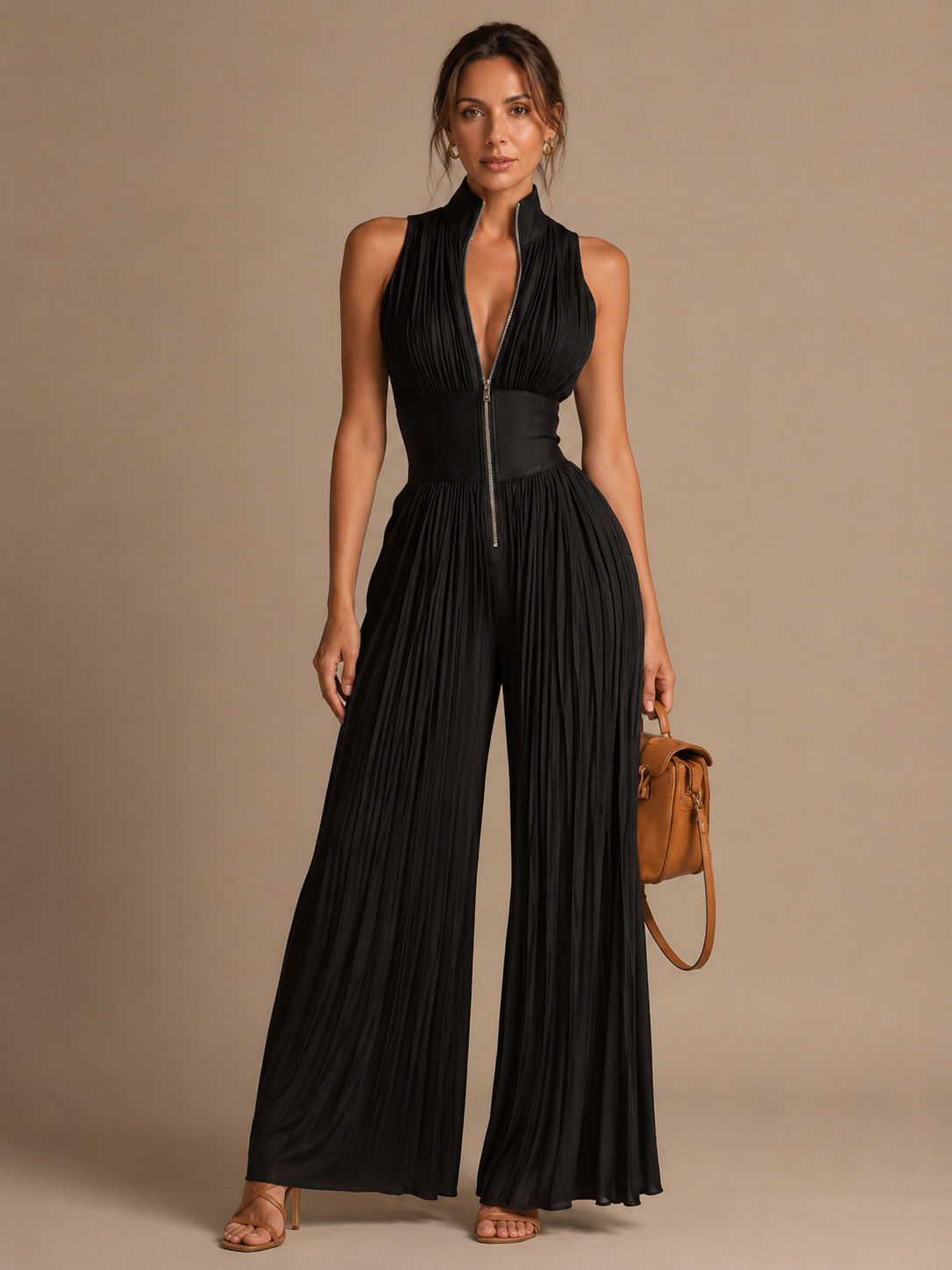 Arielle Pleated Zip-Front Wide-Leg Jumpsuit