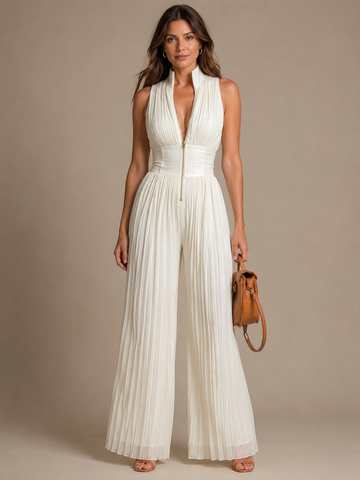 Arielle Pleated Zip-Front Wide-Leg Jumpsuit