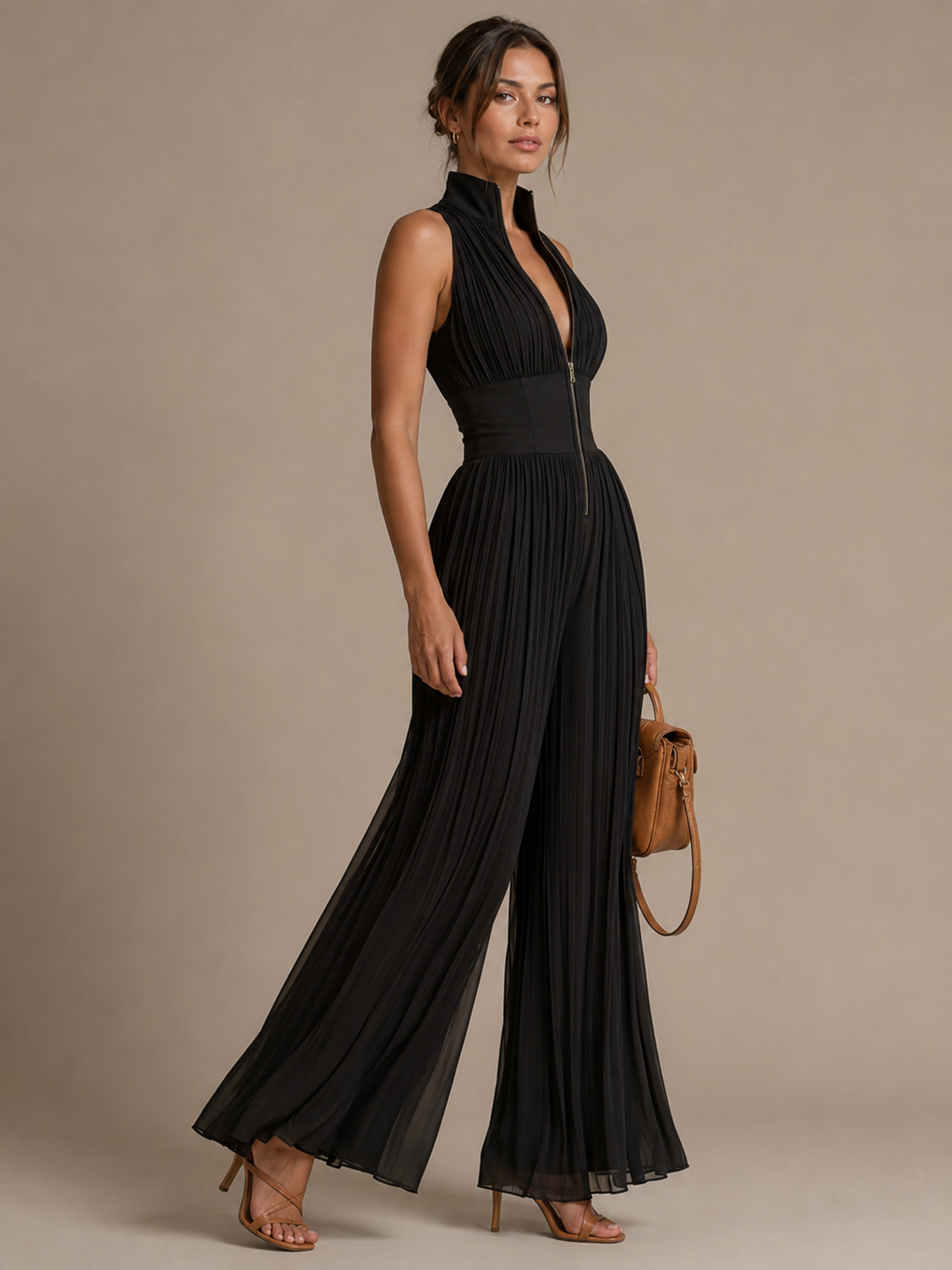 Arielle Pleated Zip-Front Wide-Leg Jumpsuit