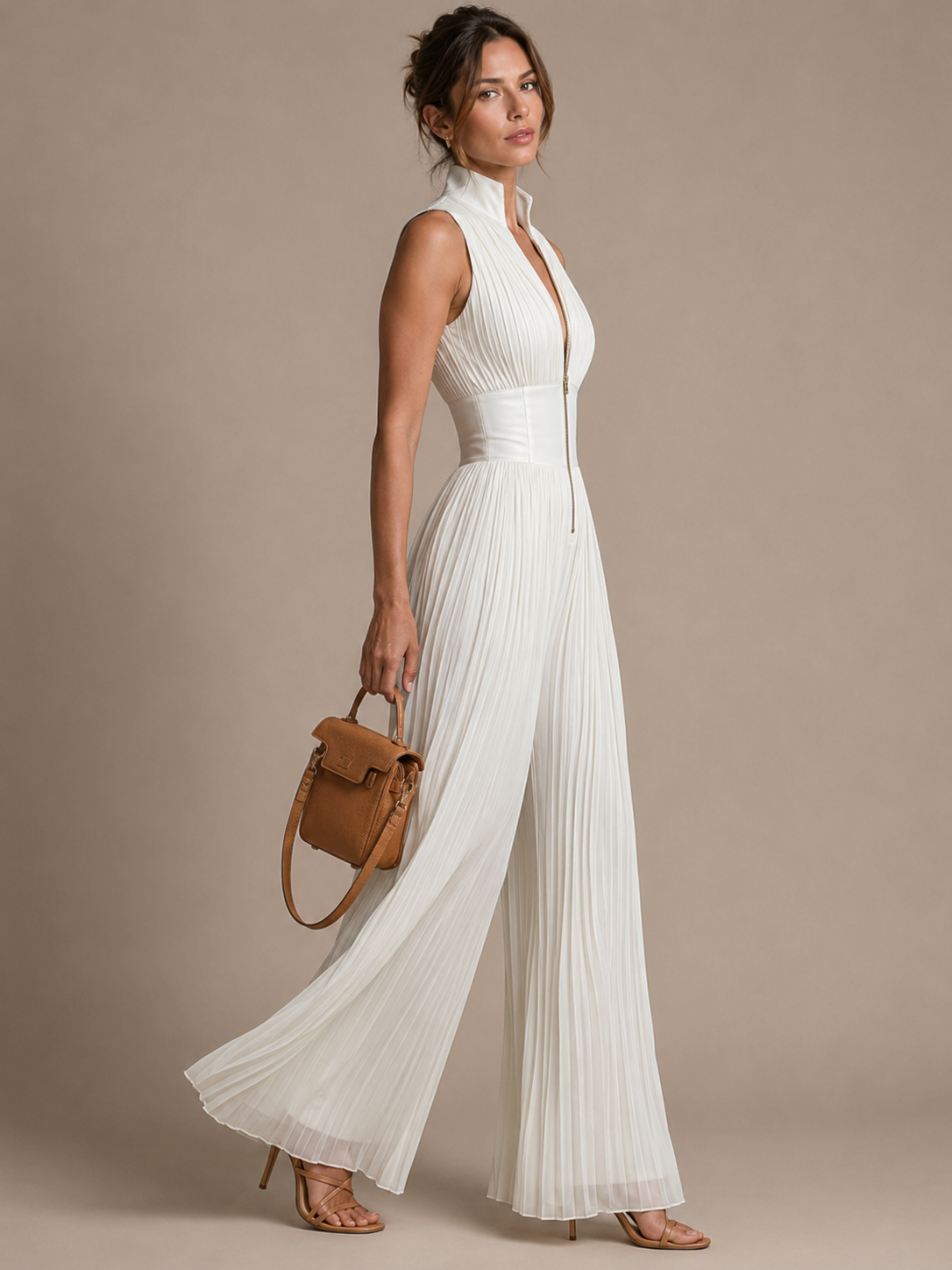 Arielle Pleated Zip-Front Wide-Leg Jumpsuit