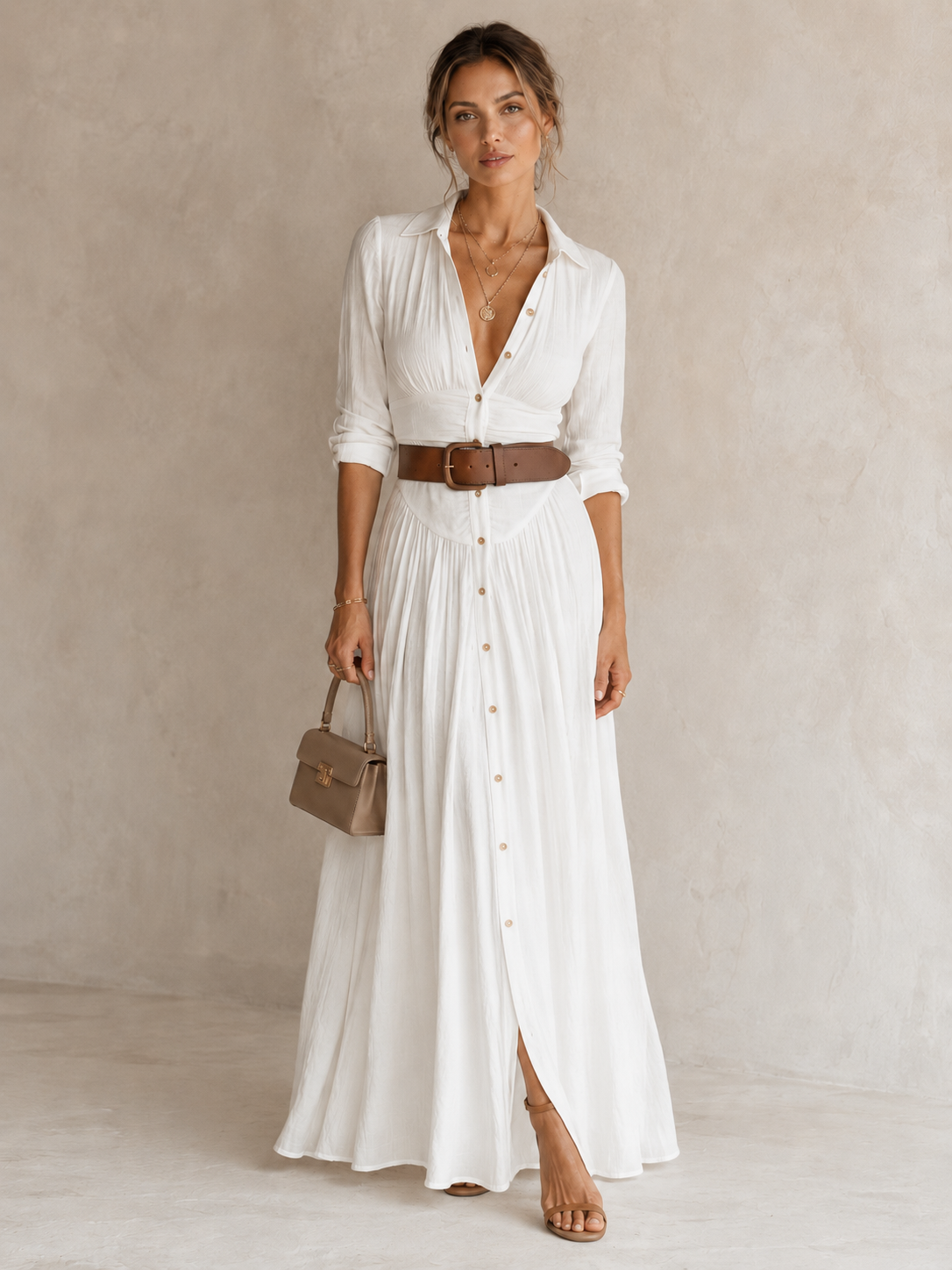 Margot Ruched Waist Button-Front Maxi Shirt Dress