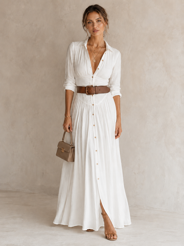 Margot Ruched Waist Button-Front Maxi Shirt Dress