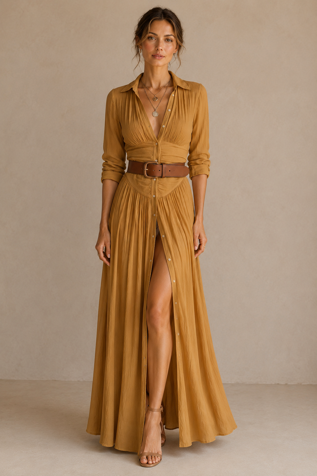 Margot Ruched Waist Button-Front Maxi Shirt Dress